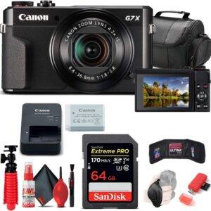 Canon PowerShot G7 X Mark II Digital Camera (1066C001) + 64GB Memory Card + Card Reader + Deluxe Soft Bag + Flex Tripod + Hand Strap + Memory Wallet + Cleaning Kit (Renewed)